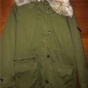 Topshop Women’s Olive Green Fur-Trimmed Women's Parka Size 6